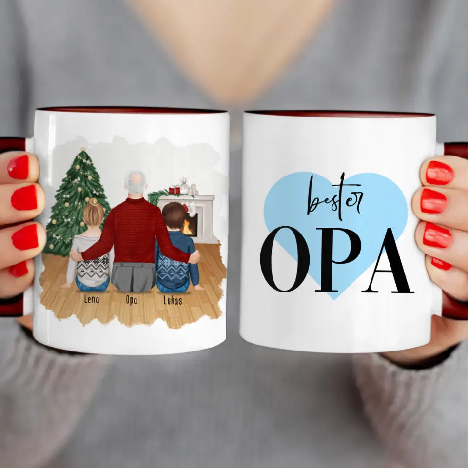 Personalisierte Tasse für Opa (2 Kinder + 1 Opa) - Weihnachtstasse