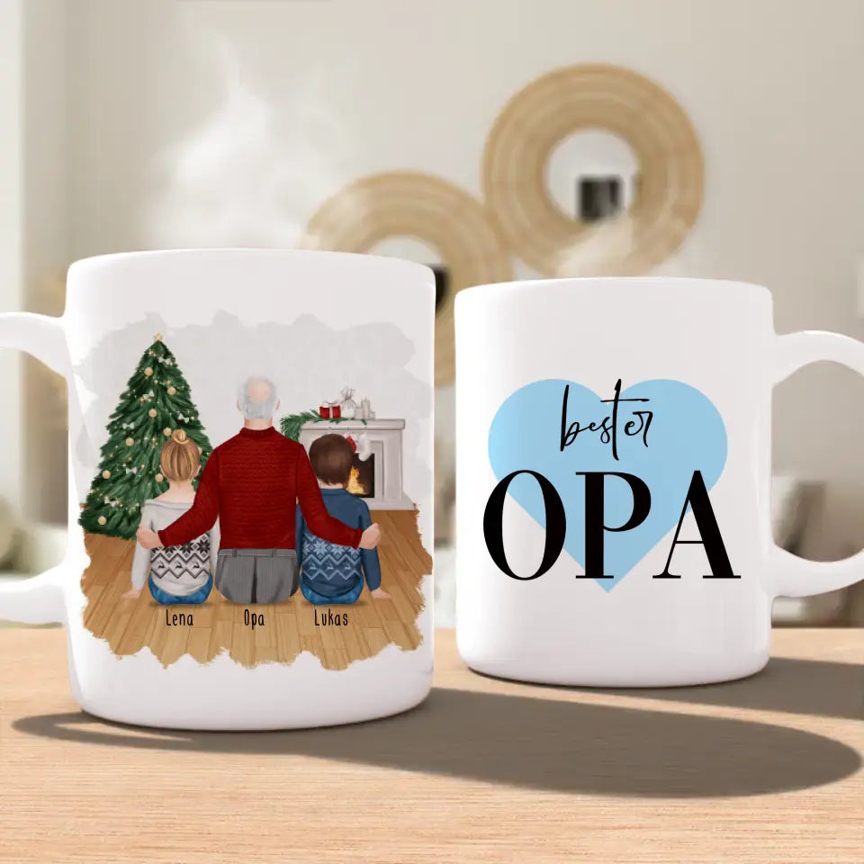 Personalisierte Tasse für Opa (2 Kinder + 1 Opa) - Weihnachtstasse