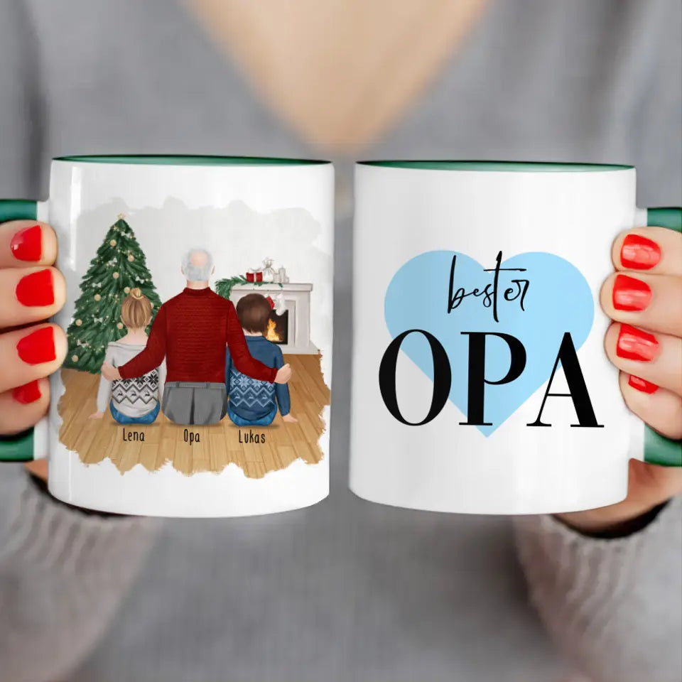 Personalisierte Tasse für Opa (2 Kinder + 1 Opa) - Weihnachtstasse