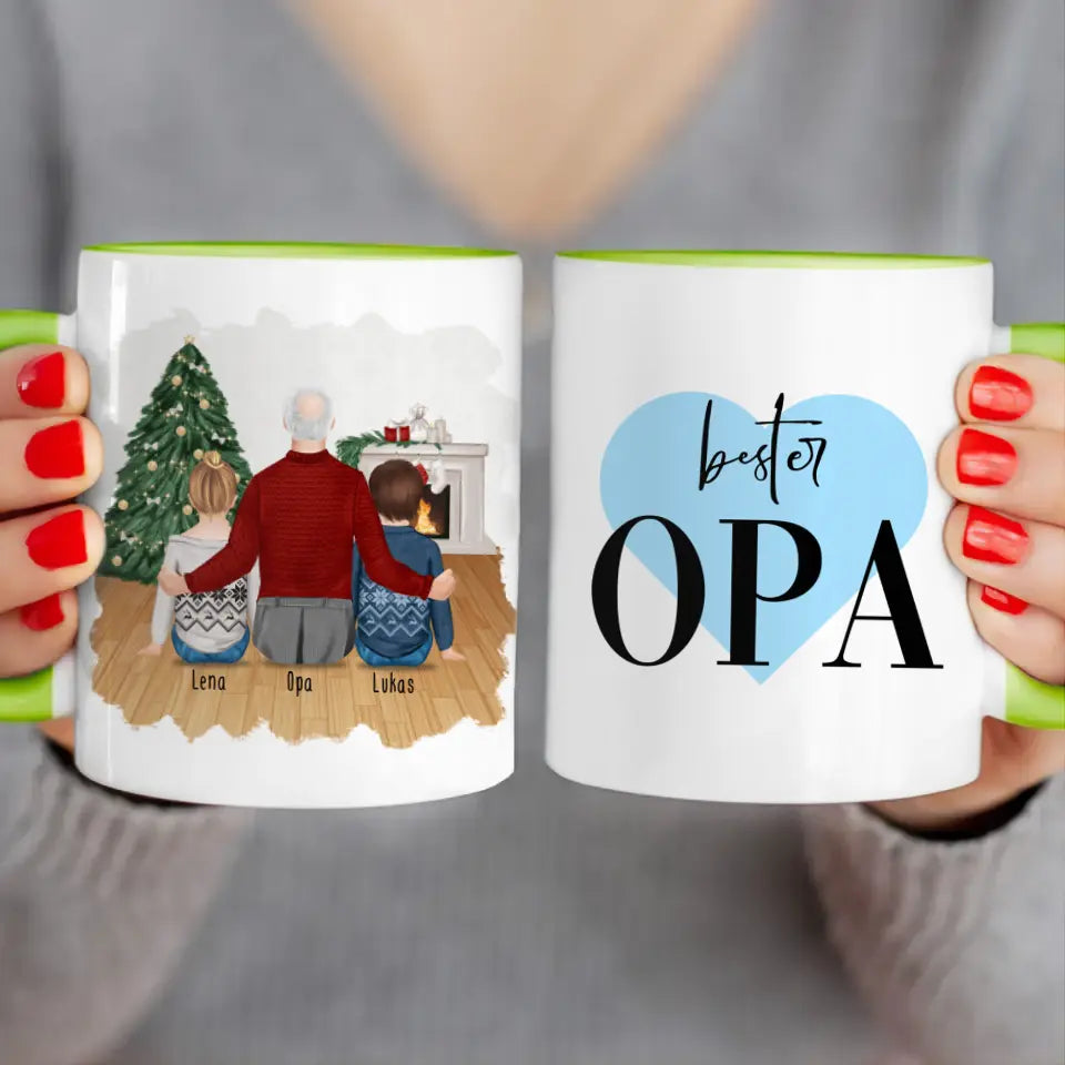 Personalisierte Tasse für Opa (2 Kinder + 1 Opa) - Weihnachtstasse