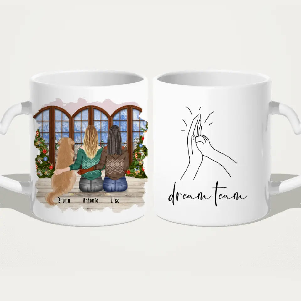 Personalisierte Tasse mit Hund und Frauen (1 Hund + 2 Frauen) - Weihnachtstasse