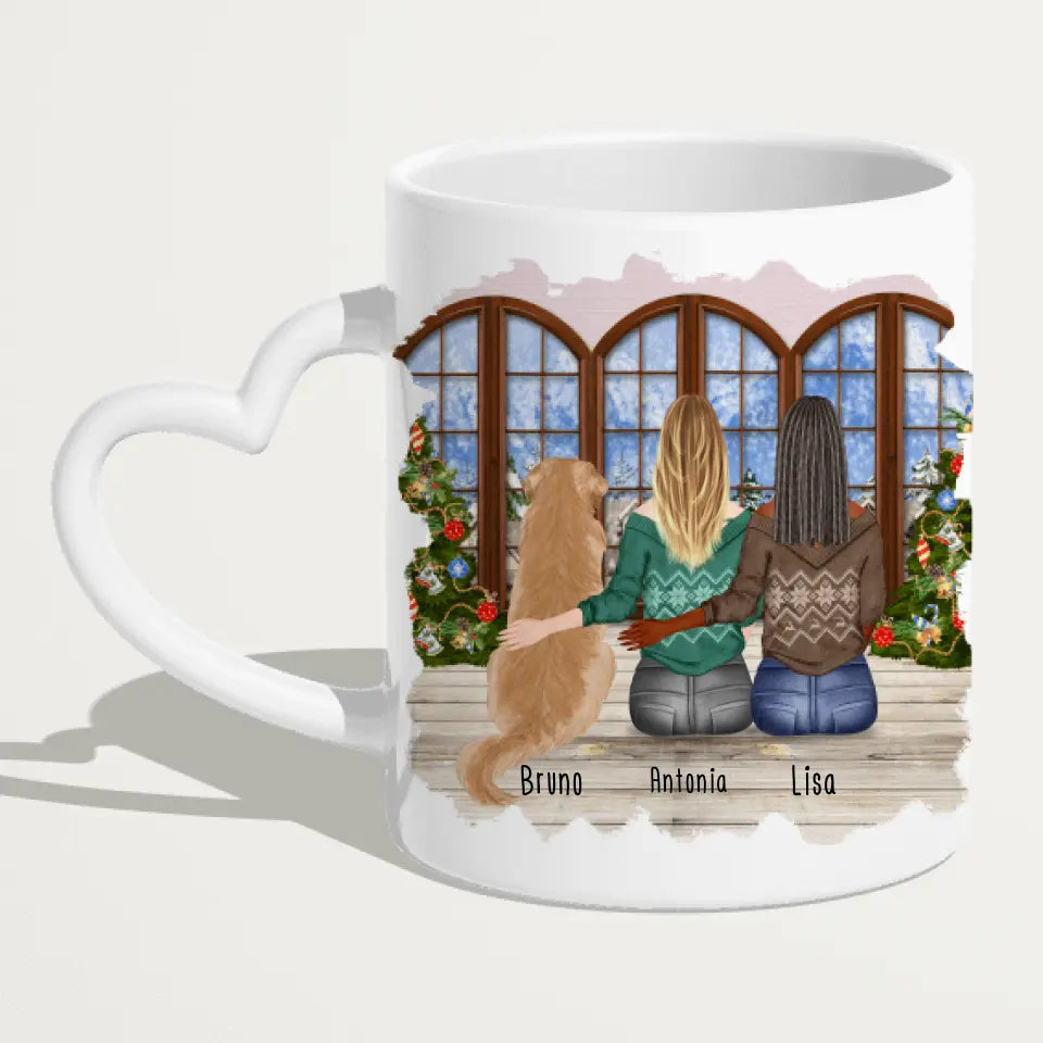 Personalisierte Tasse mit Hund und Frauen (1 Hund + 2 Frauen) - Weihnachtstasse