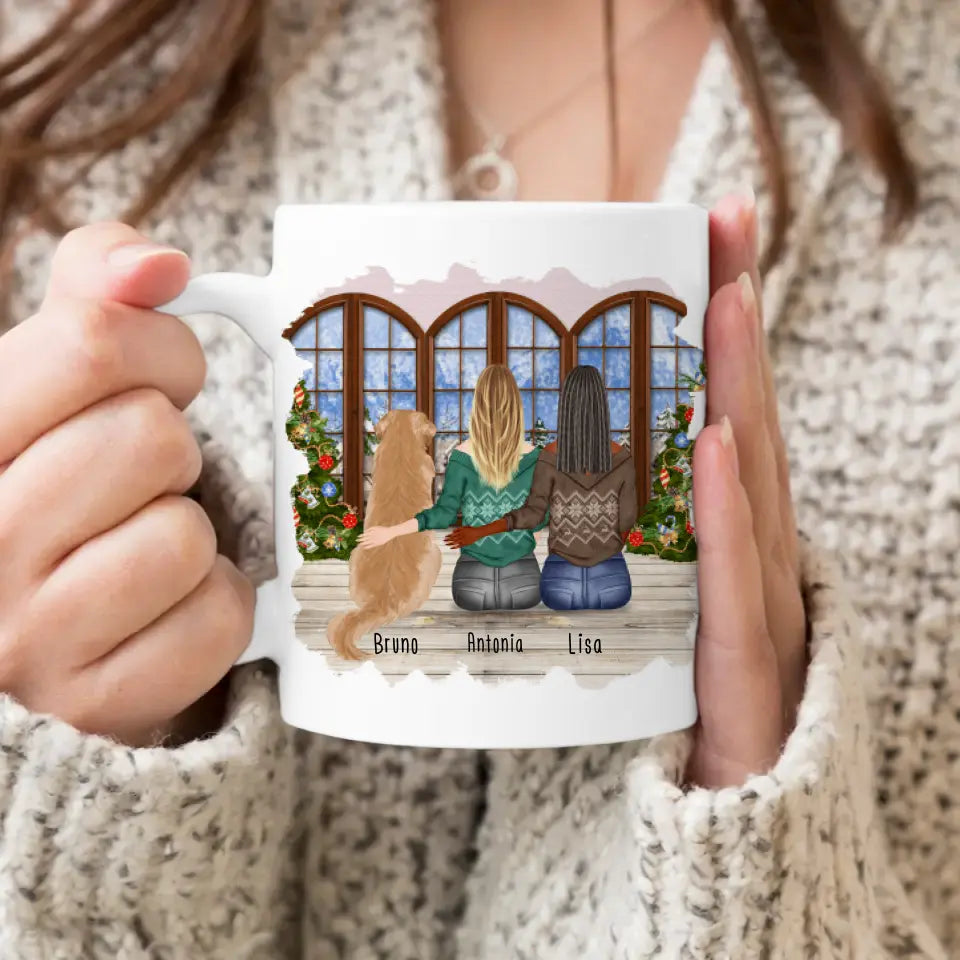 Personalisierte Tasse mit Hund und Frauen (1 Hund + 2 Frauen) - Weihnachtstasse