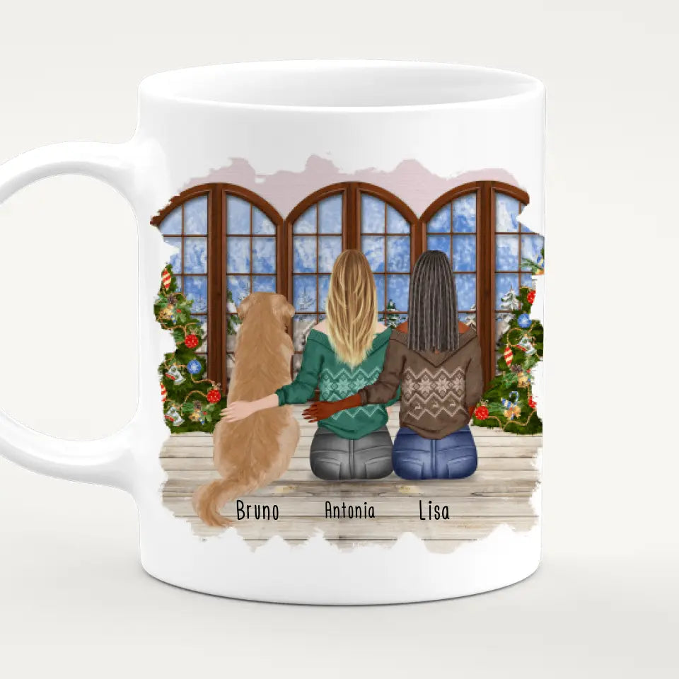 Personalisierte Tasse mit Hund und Frauen (1 Hund + 2 Frauen) - Weihnachtstasse
