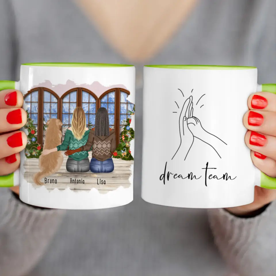 Personalisierte Tasse mit Hund und Frauen (1 Hund + 2 Frauen) - Weihnachtstasse