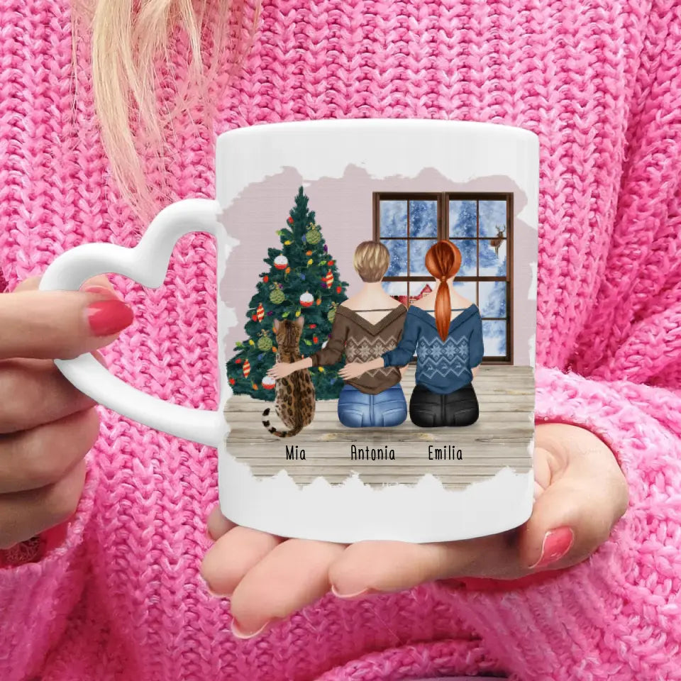 Personalisierte Tasse mit Katze und Frauen (1 Katze + 2 Frauen) - Weihnachtstasse