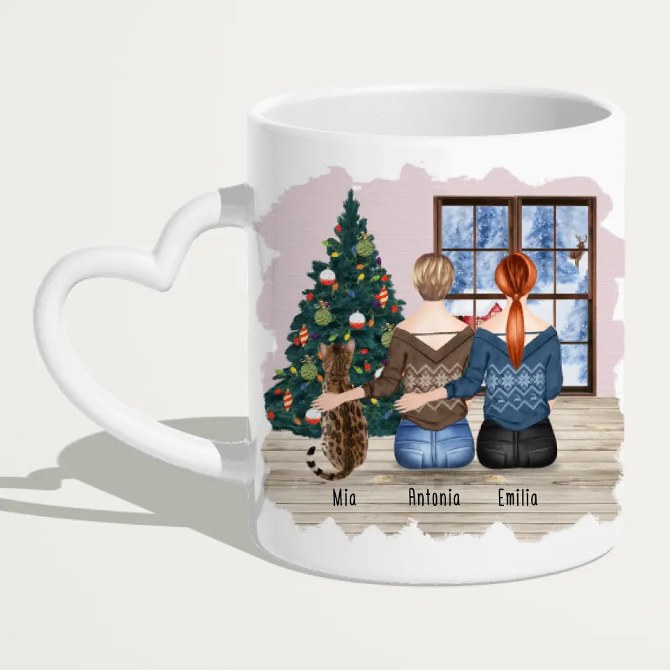 Personalisierte Tasse mit Katze und Frauen (1 Katze + 2 Frauen) - Weihnachtstasse