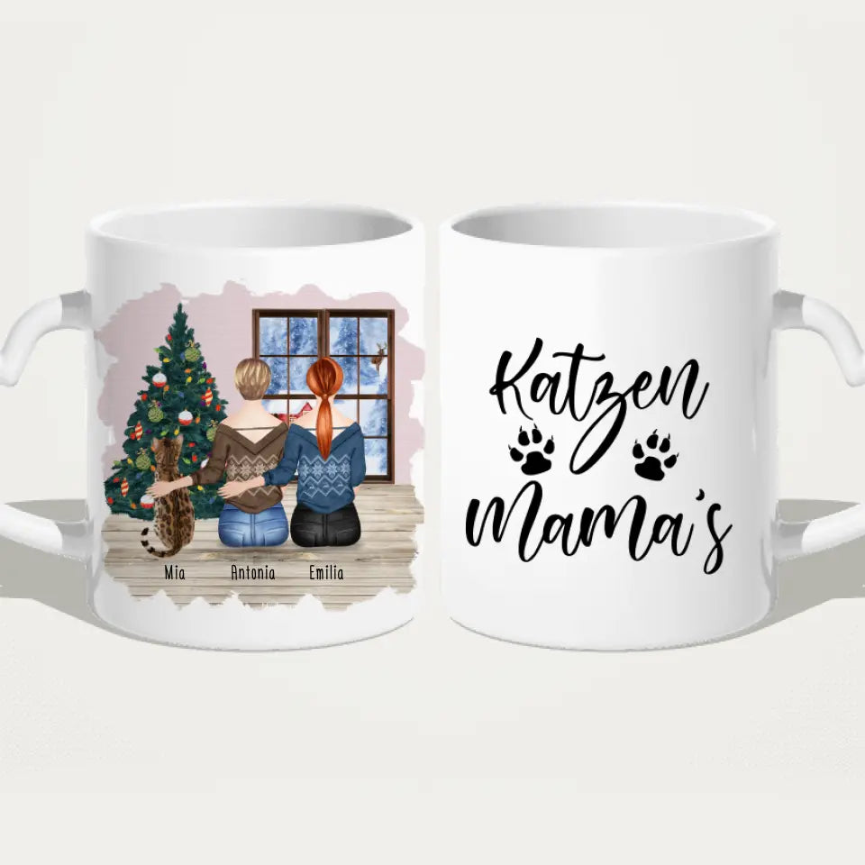 Personalisierte Tasse mit Katze und Frauen (1 Katze + 2 Frauen) - Weihnachtstasse