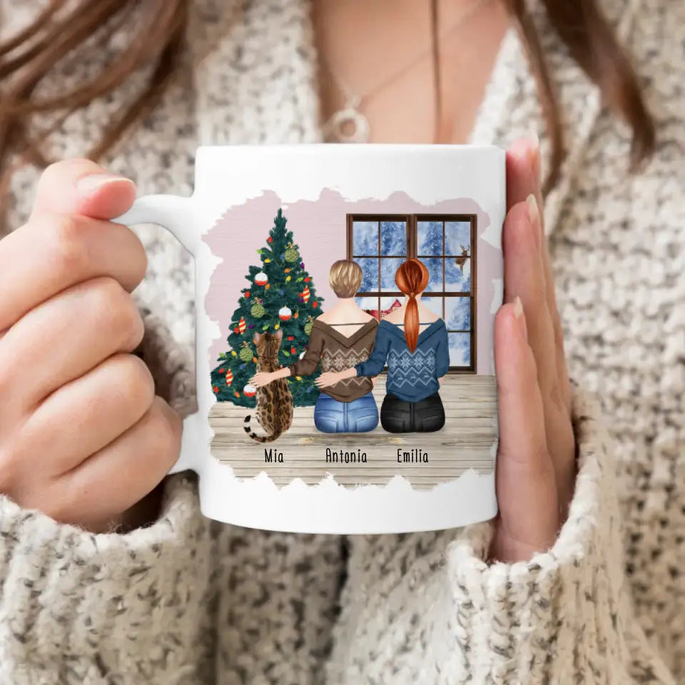 Personalisierte Tasse mit Katze und Frauen (1 Katze + 2 Frauen) - Weihnachtstasse