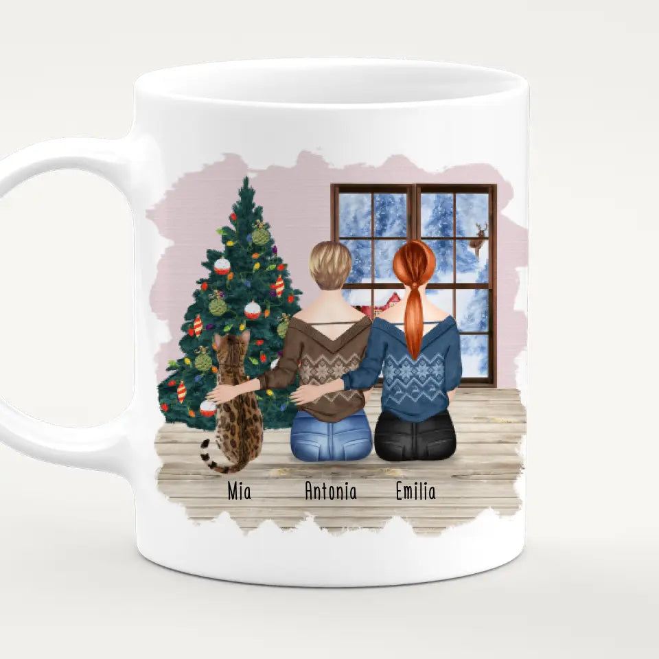 Personalisierte Tasse mit Katze und Frauen (1 Katze + 2 Frauen) - Weihnachtstasse