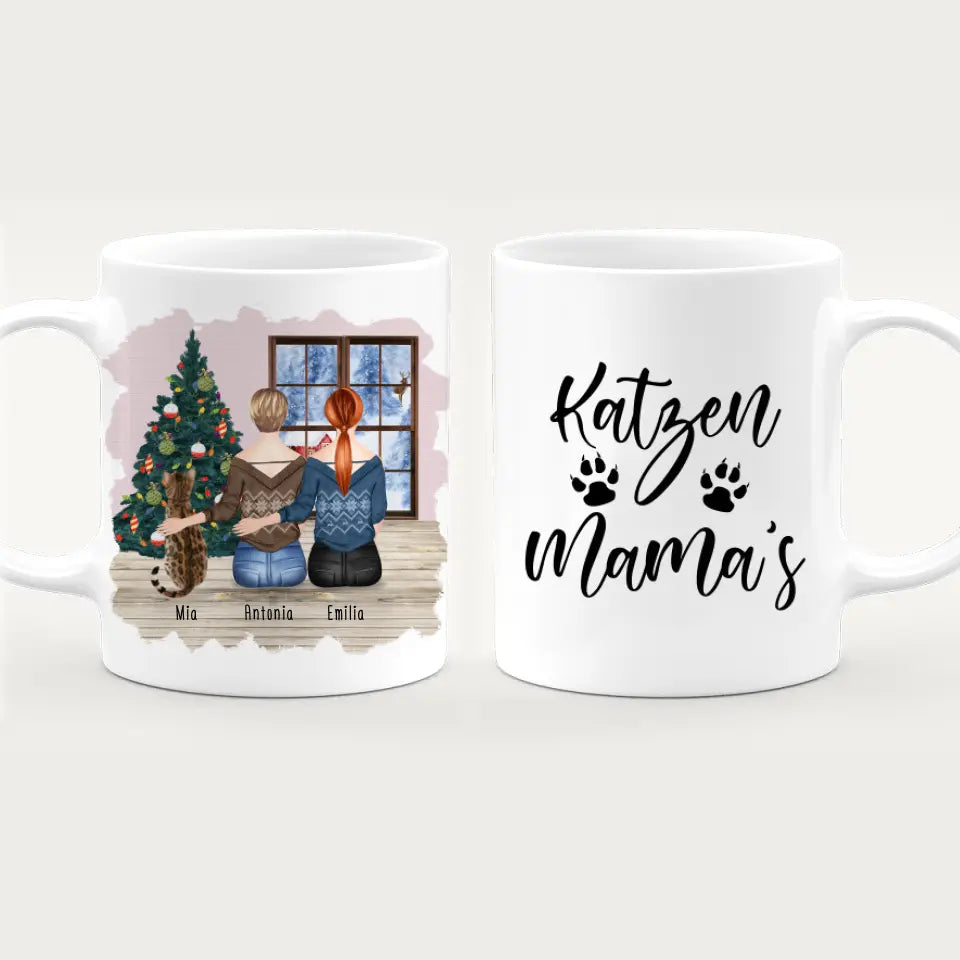 Personalisierte Tasse mit Katze und Frauen (1 Katze + 2 Frauen) - Weihnachtstasse