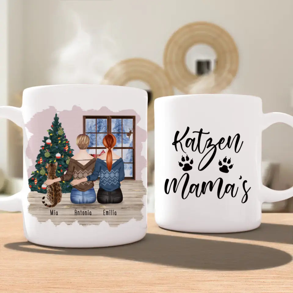 Personalisierte Tasse mit Katze und Frauen (1 Katze + 2 Frauen) - Weihnachtstasse