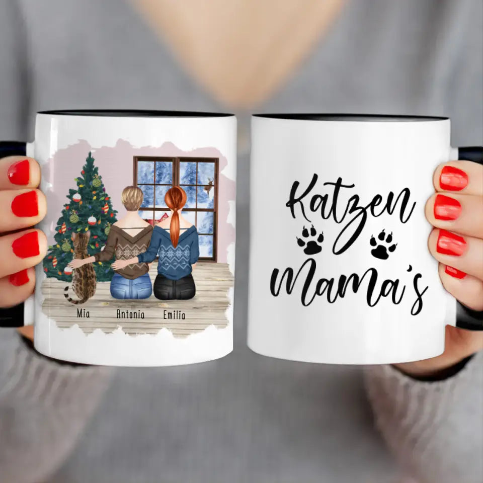 Personalisierte Tasse mit Katze und Frauen (1 Katze + 2 Frauen) - Weihnachtstasse