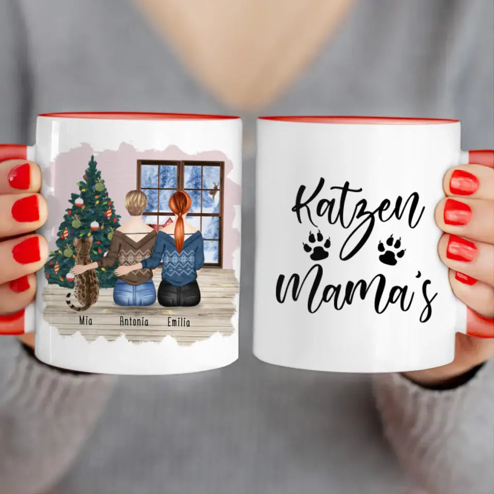 Personalisierte Tasse mit Katze und Frauen (1 Katze + 2 Frauen) - Weihnachtstasse