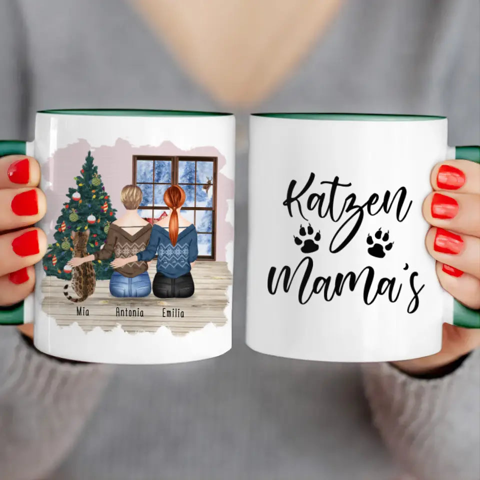 Personalisierte Tasse mit Katze und Frauen (1 Katze + 2 Frauen) - Weihnachtstasse