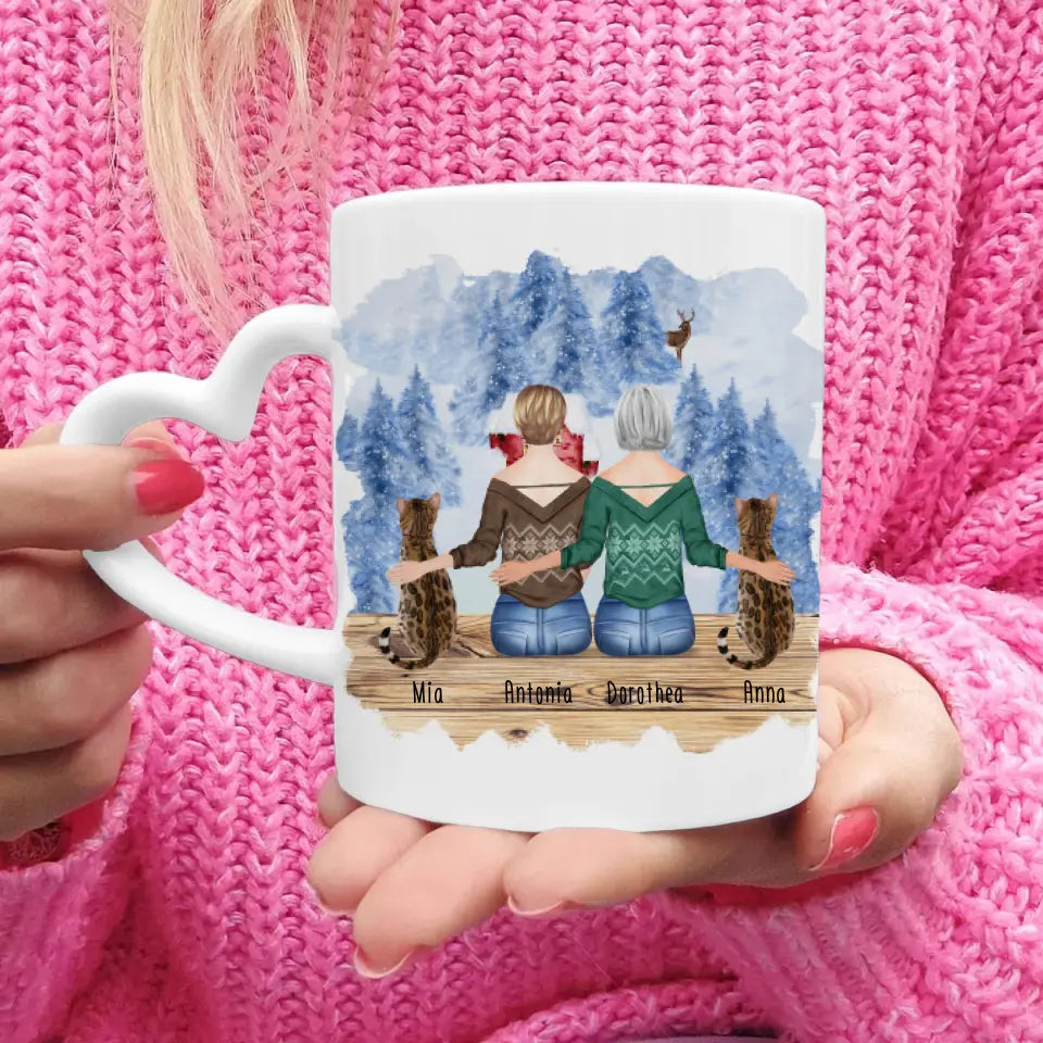 Personalisierte Tasse mit Katzen und Frauen (2 Katzen + 2 Frauen) - Weihnachtstasse