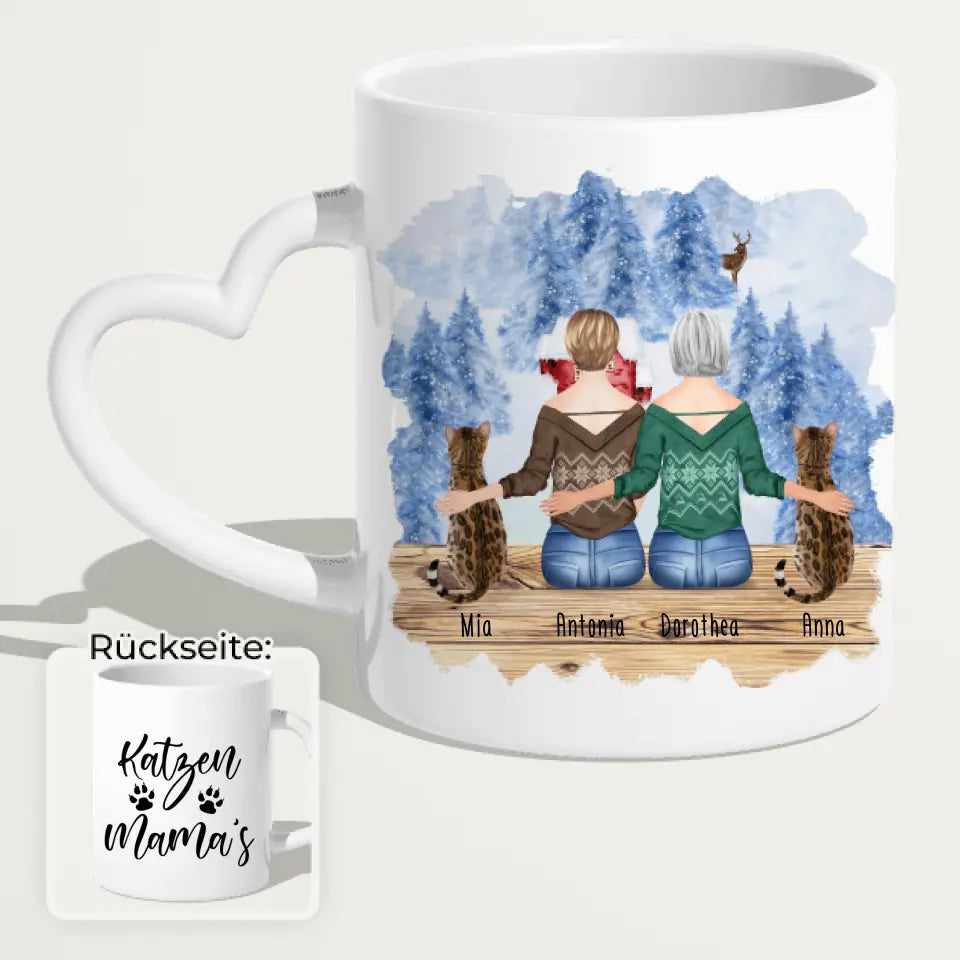 Personalisierte Tasse mit Katzen und Frauen (2 Katzen + 2 Frauen) - Weihnachtstasse