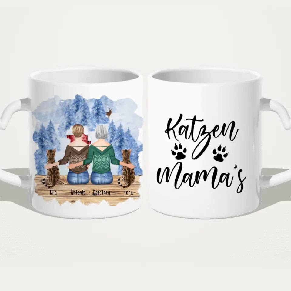 Personalisierte Tasse mit Katzen und Frauen (2 Katzen + 2 Frauen) - Weihnachtstasse