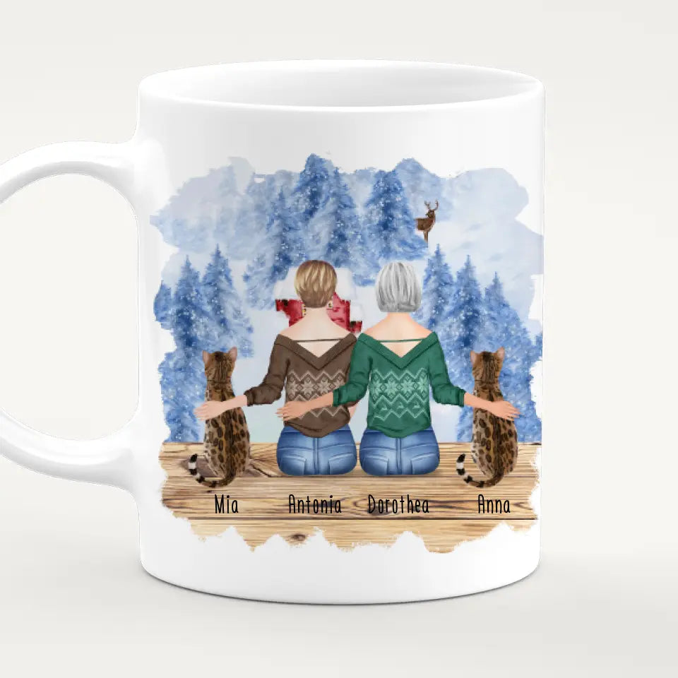 Personalisierte Tasse mit Katzen und Frauen (2 Katzen + 2 Frauen) - Weihnachtstasse
