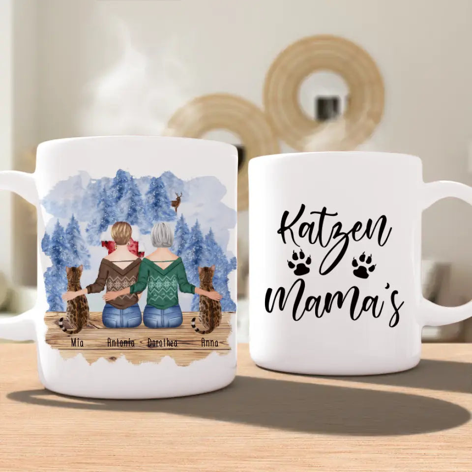 Personalisierte Tasse mit Katzen und Frauen (2 Katzen + 2 Frauen) - Weihnachtstasse