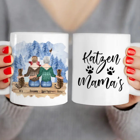 Personalisierte Tasse mit Katzen und Frauen (2 Katzen + 2 Frauen) - Weihnachtstasse