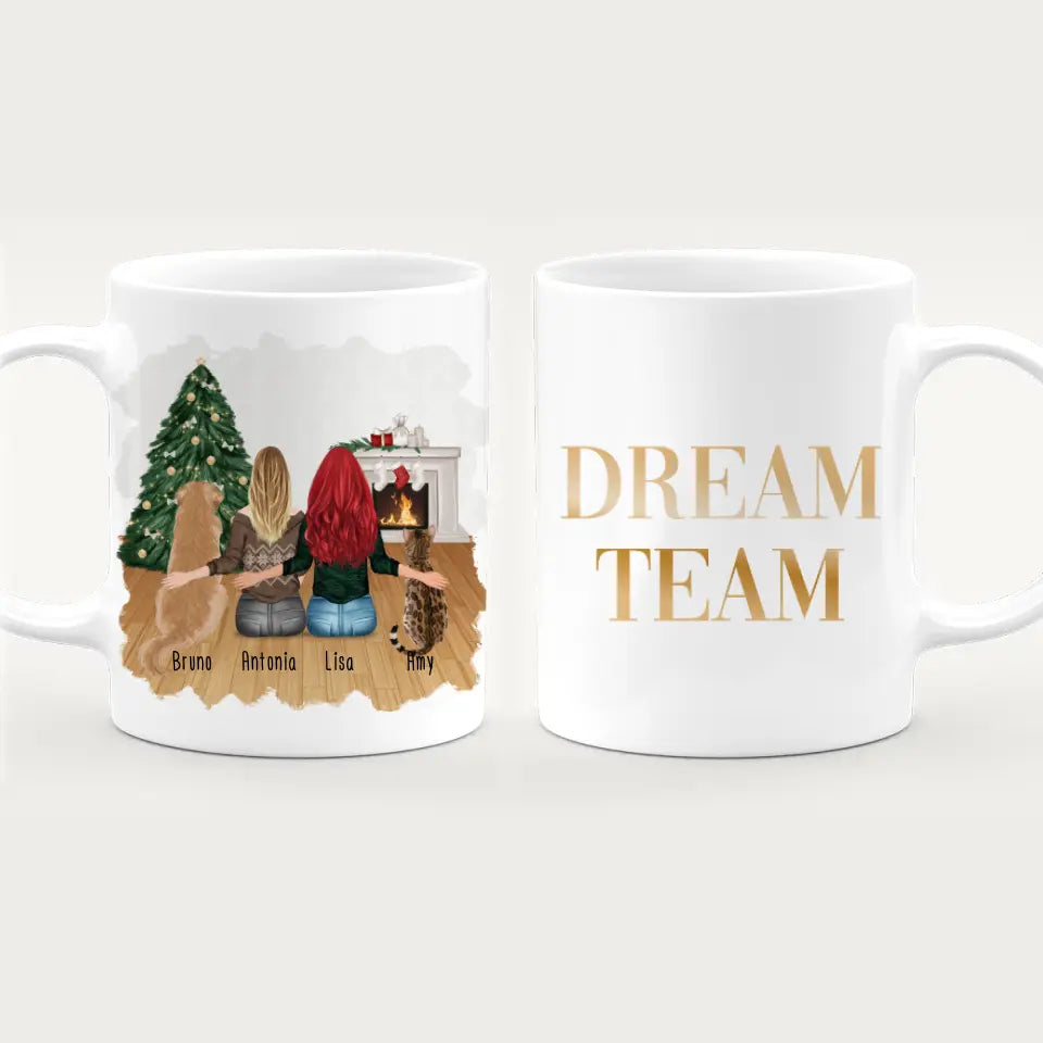 Personalisierte Tasse mit Hund, Katze und Frauen (1 Hund + 1 Katze + 2 Frauen) - Weihnachtstasse