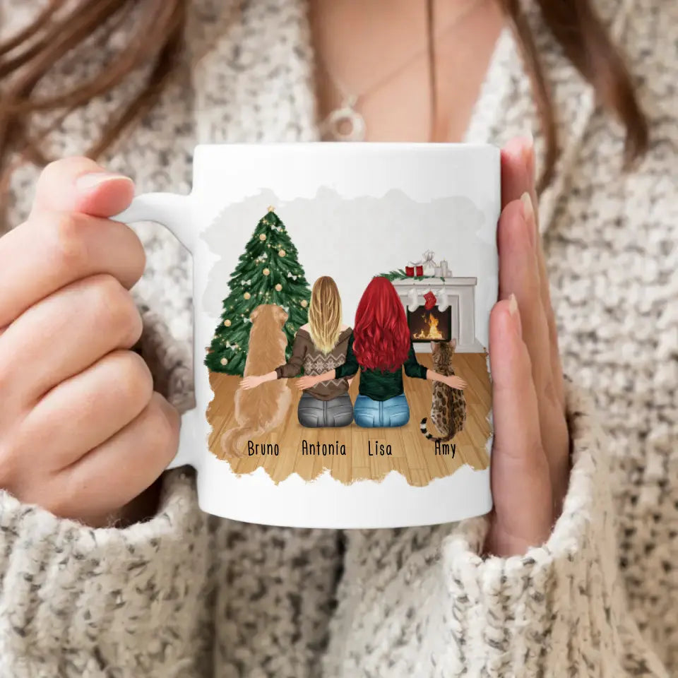 Personalisierte Tasse mit Hund, Katze und Frauen (1 Hund + 1 Katze + 2 Frauen) - Weihnachtstasse