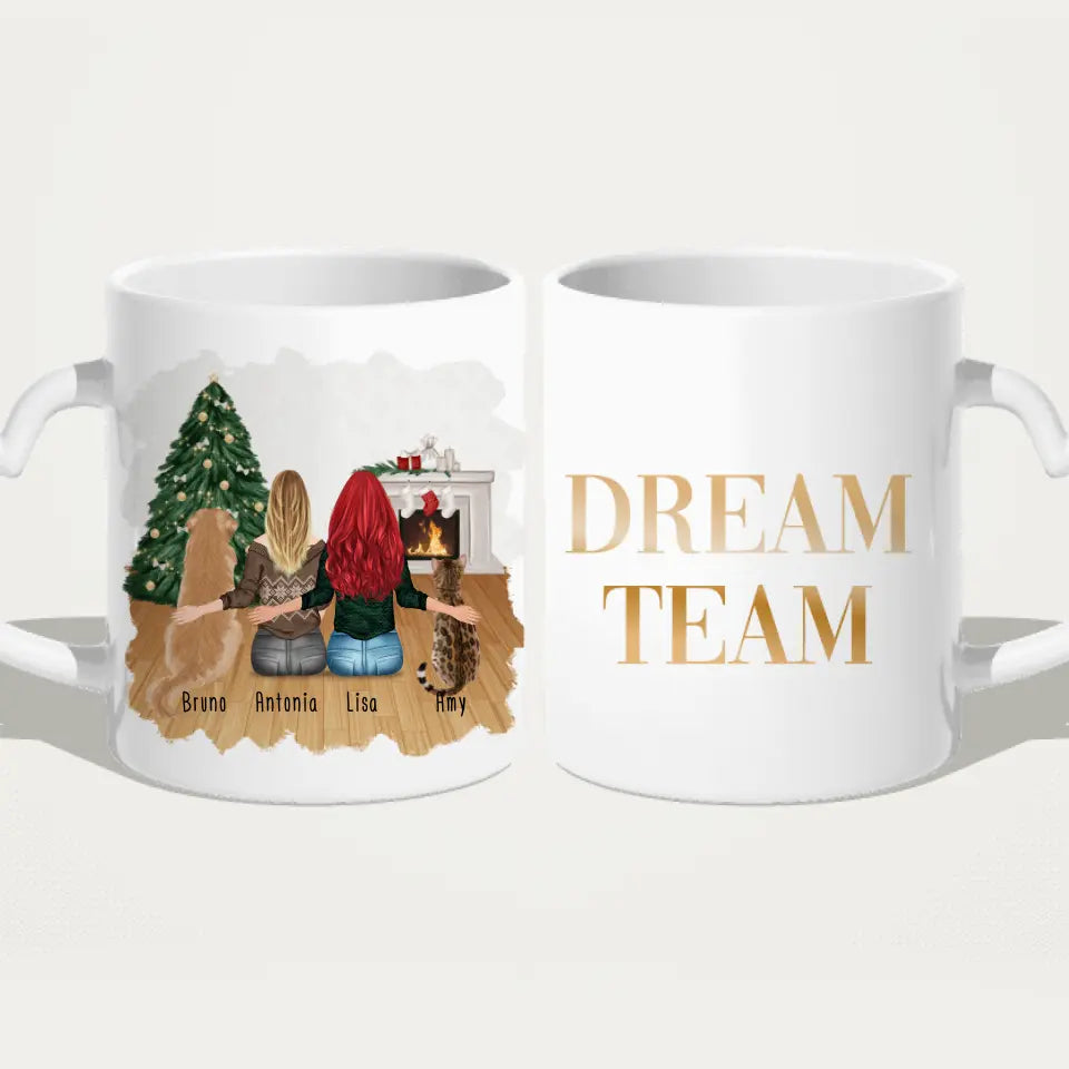 Personalisierte Tasse mit Hund, Katze und Frauen (1 Hund + 1 Katze + 2 Frauen) - Weihnachtstasse