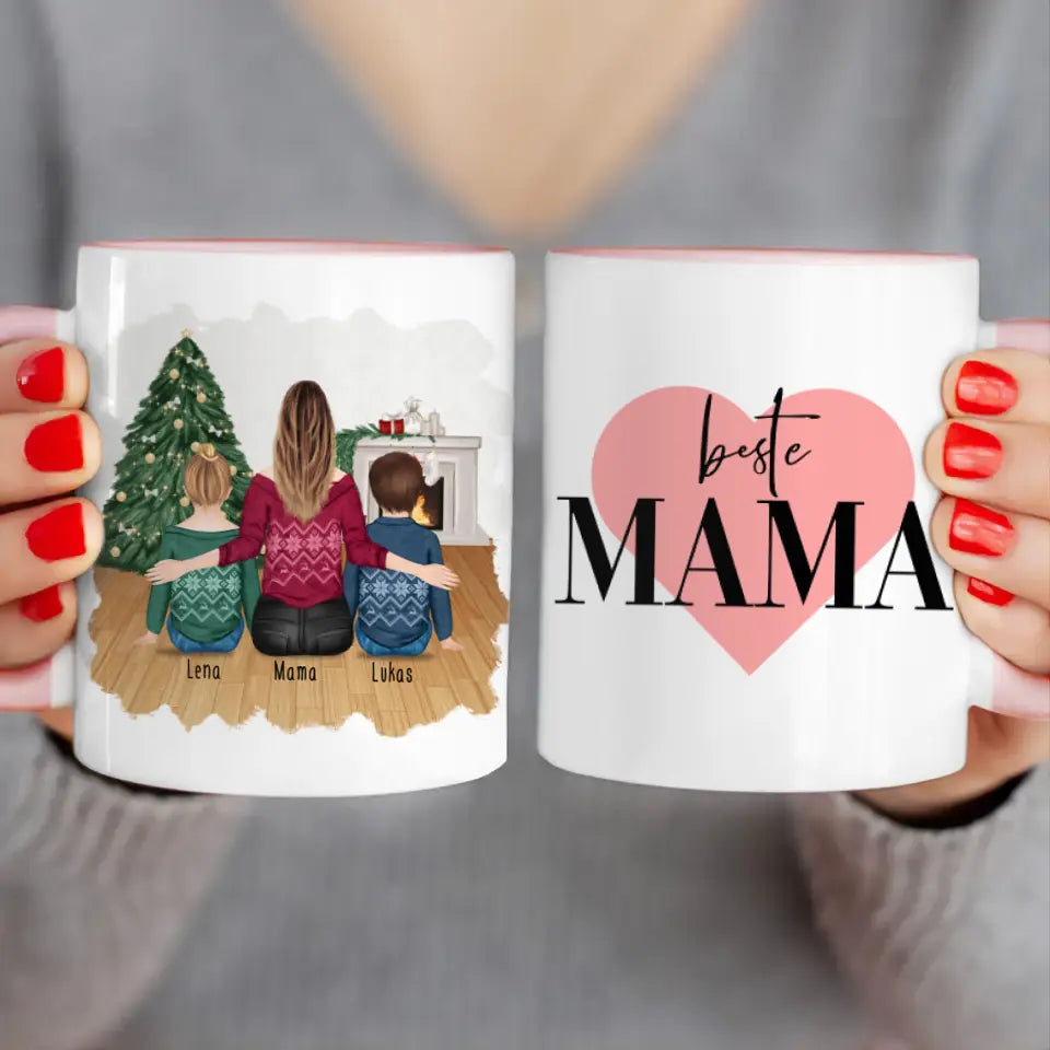 Personalisierte Tasse mit Mutter und Kindern (2 Kinder + 1 Mutter) - Weihnachtstasse