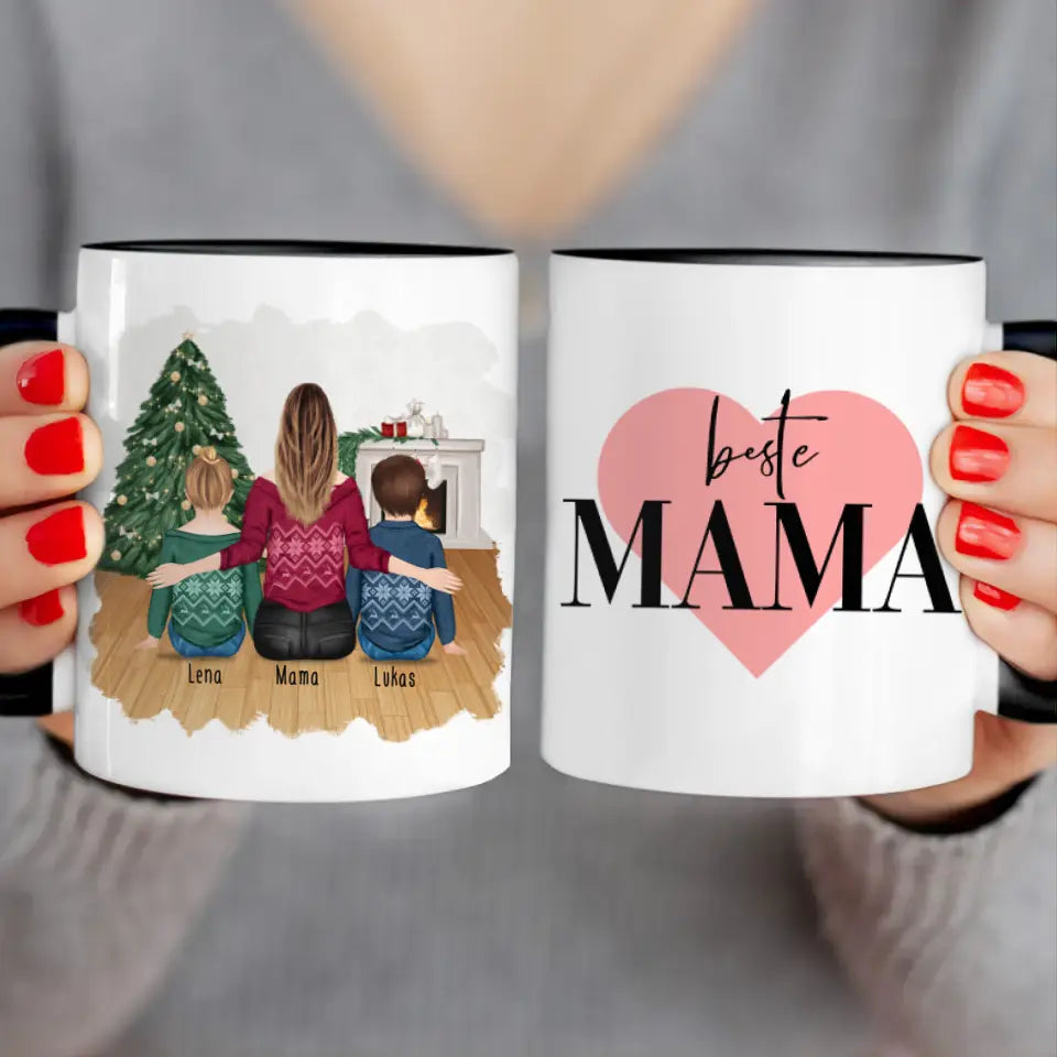 Personalisierte Tasse mit Mutter und Kindern (2 Kinder + 1 Mutter) - Weihnachtstasse