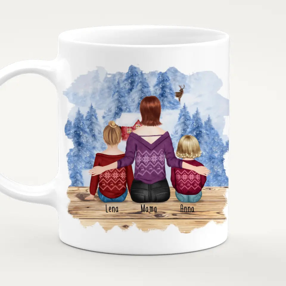 Personalisierte Tasse mit Mutter, Baby und Kind (1 Baby + 1 Kind + 1 Mutter) - Weihnachtstasse