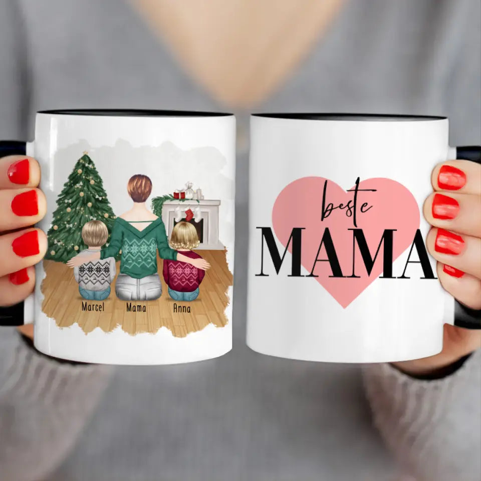 Personalisierte Tasse mit Mutter und Kindern (2 Kinder + 1 Mutter) - Weihnachtstasse