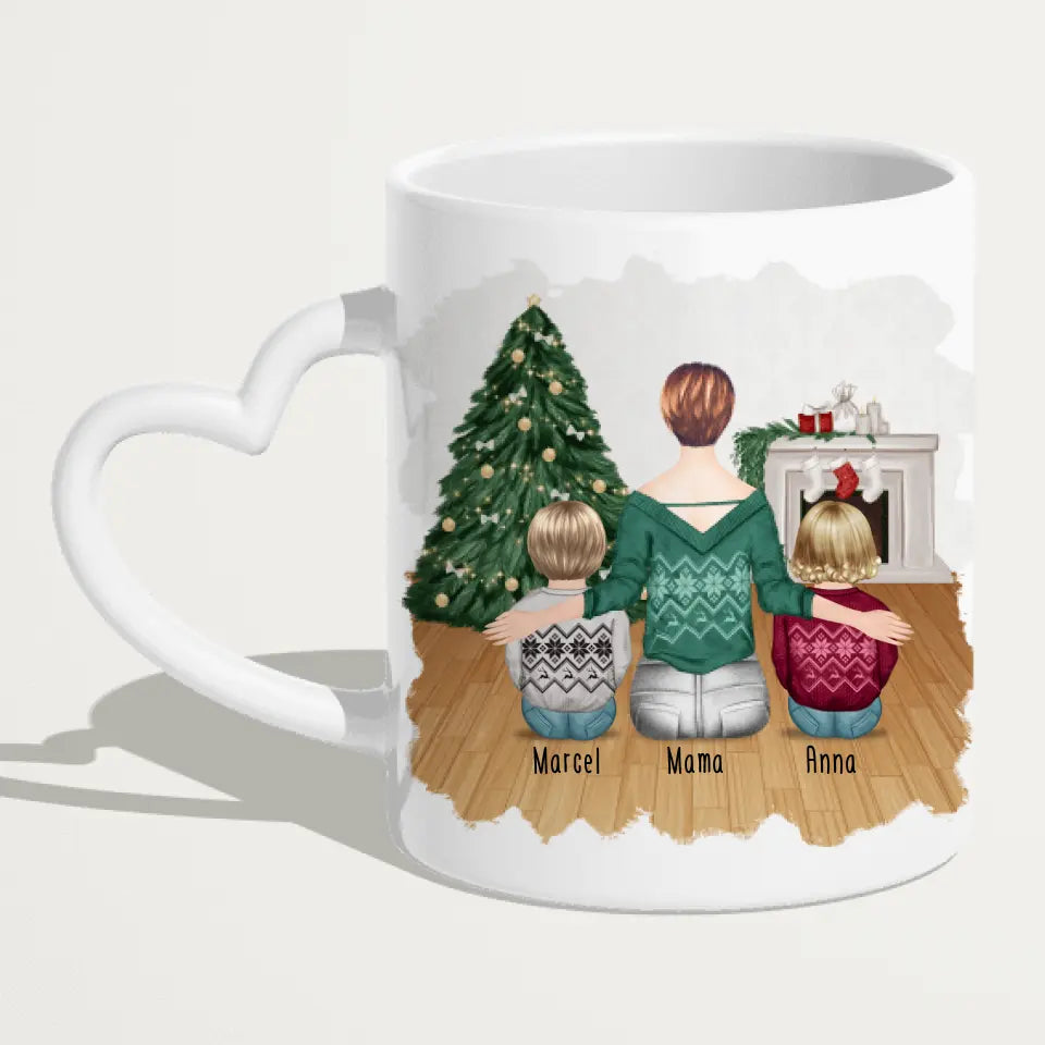 Personalisierte Tasse mit Mutter und Kindern (2 Kinder + 1 Mutter) - Weihnachtstasse