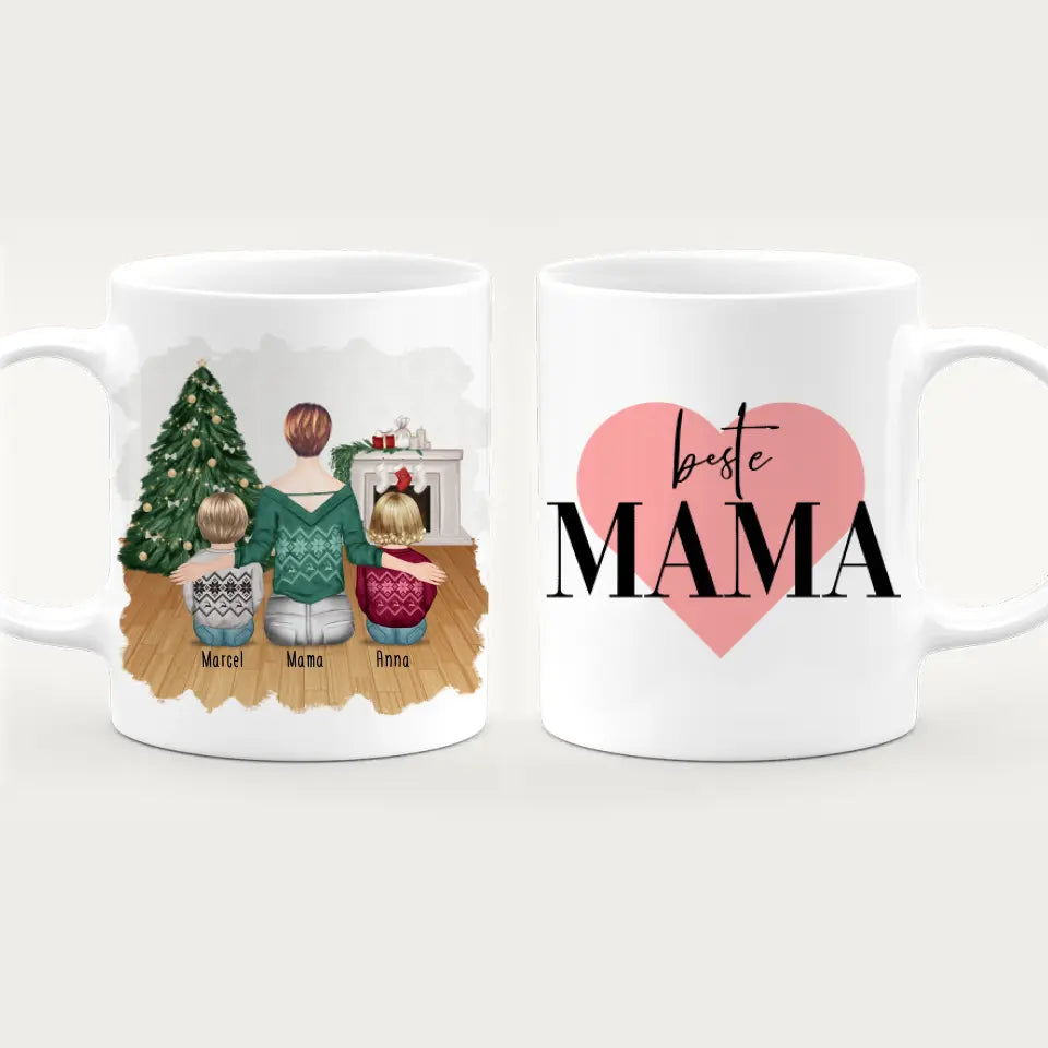 Personalisierte Tasse mit Mutter und Kindern (2 Kinder + 1 Mutter) - Weihnachtstasse