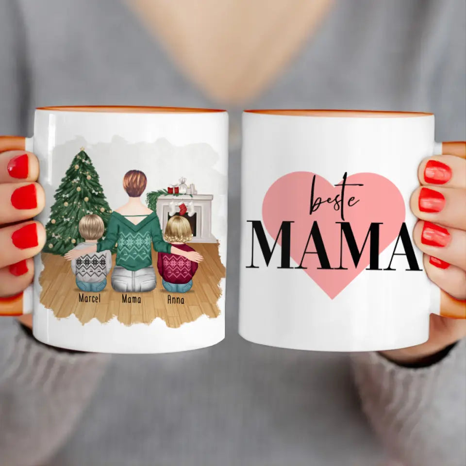 Personalisierte Tasse mit Mutter und Kindern (2 Kinder + 1 Mutter) - Weihnachtstasse