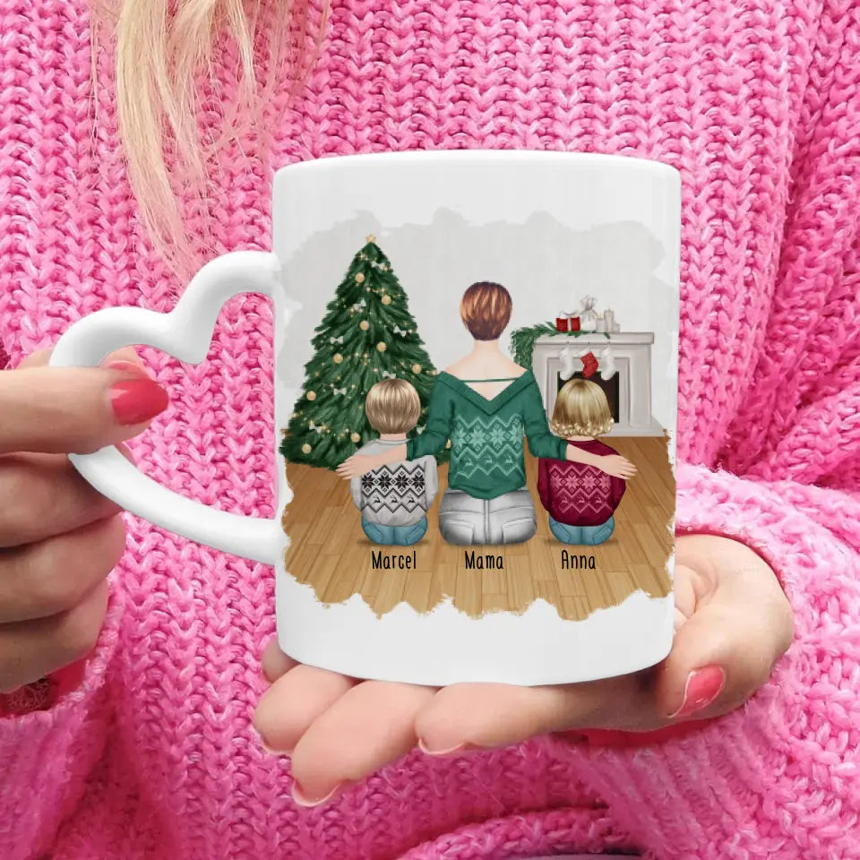 Personalisierte Tasse mit Mutter und Kindern (2 Kinder + 1 Mutter) - Weihnachtstasse