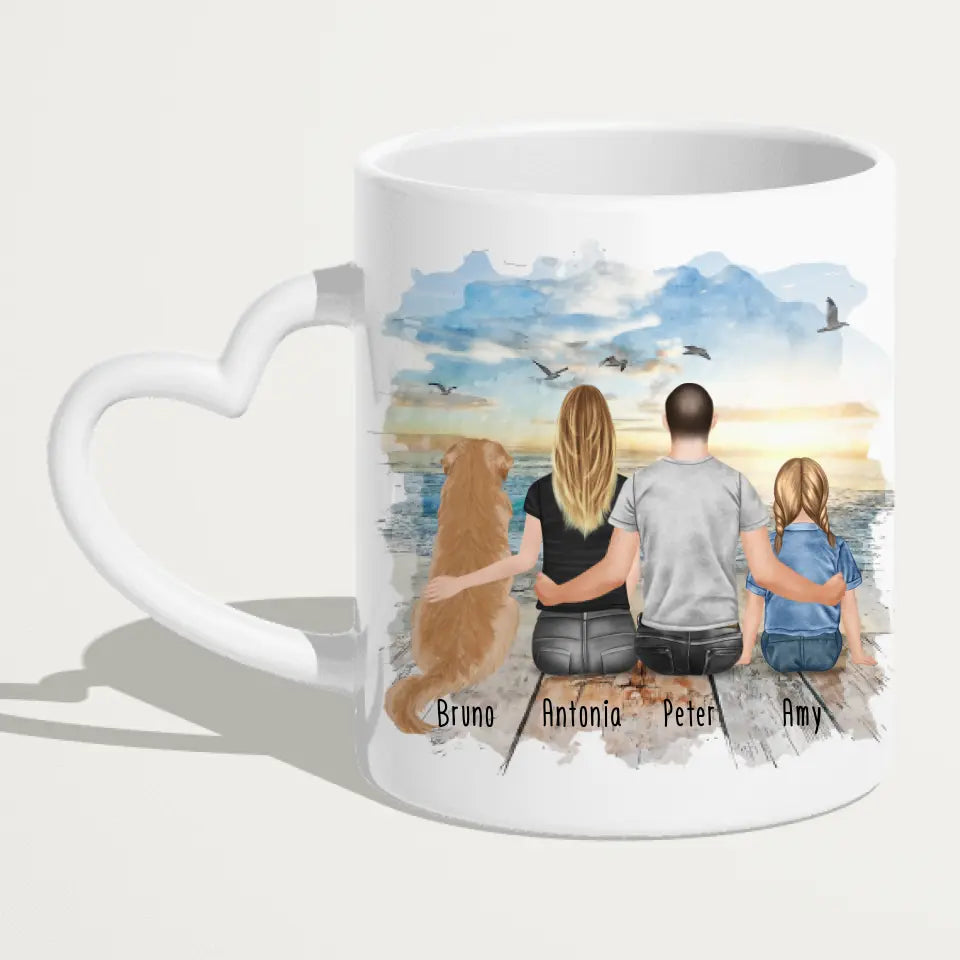 Personalisierte Tasse mit Familie + 1 Hund (1 Kind)