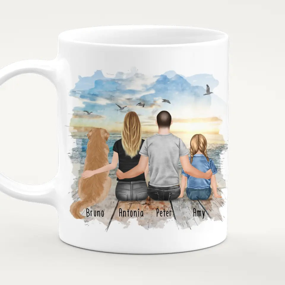 Personalisierte Tasse mit Familie + 1 Hund (1 Kind)