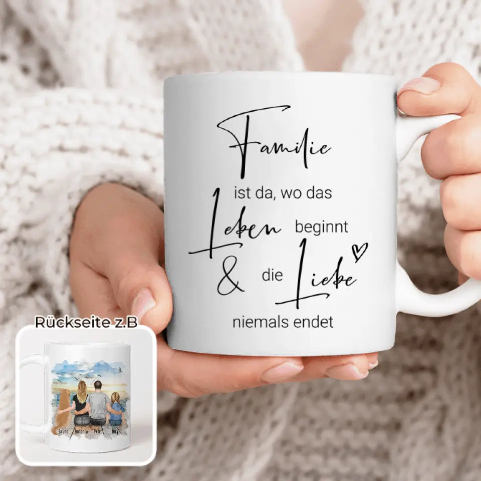 Personalisierte Tasse mit Familie + 1 Hund (1 Kind)