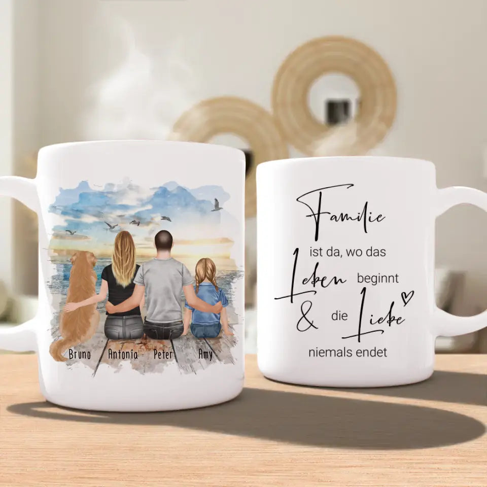 Personalisierte Tasse mit Familie + 1 Hund (1 Kind)