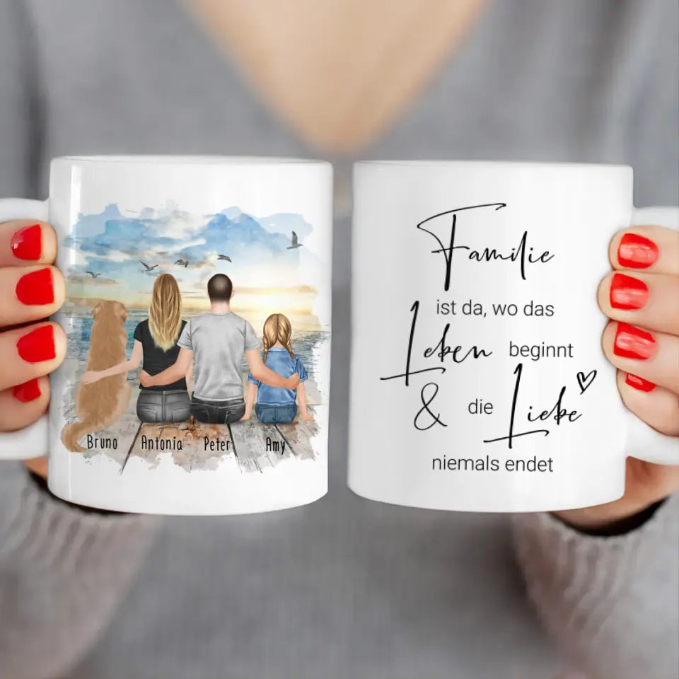 Personalisierte Tasse mit Familie + 1 Hund (1 Kind)