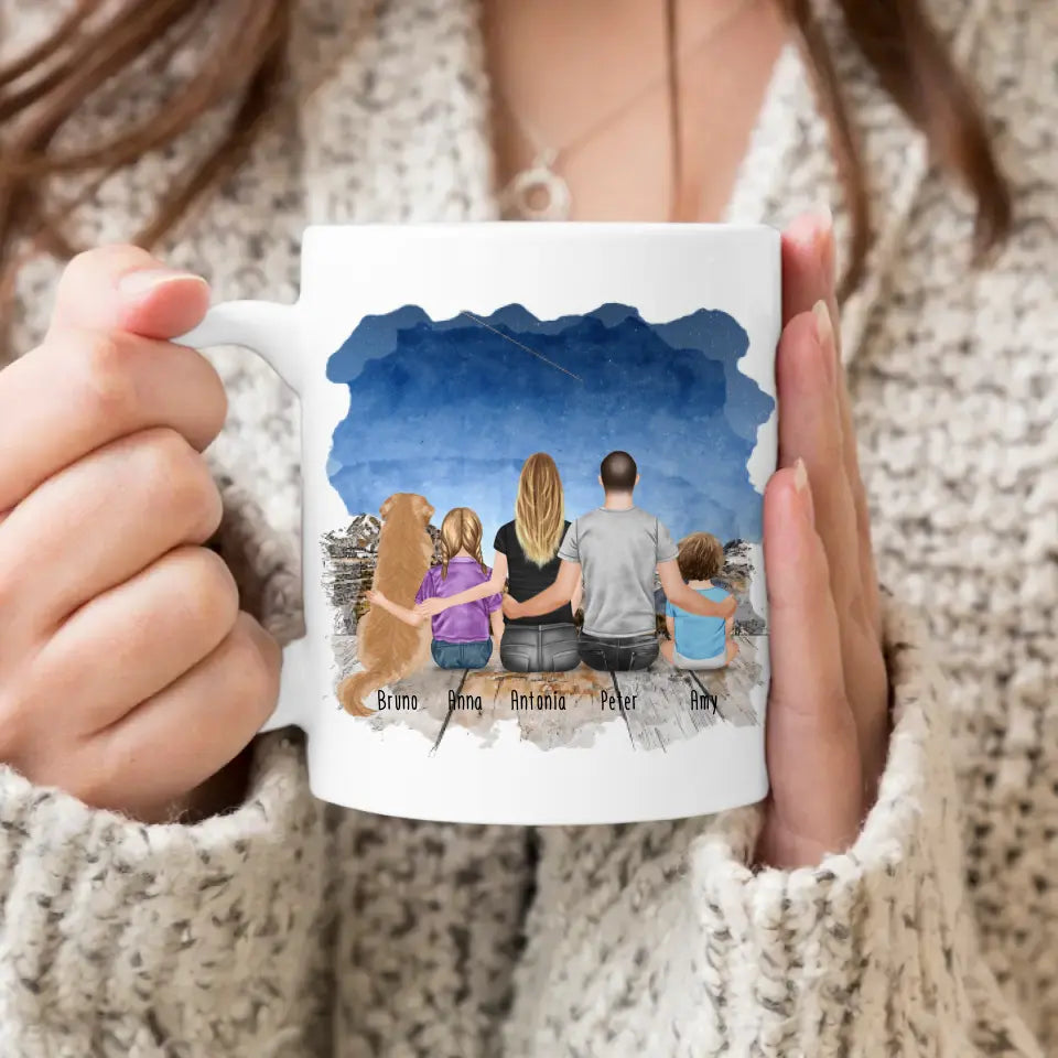 Personalisierte Tasse mit Familie + 1 Hund (1 Baby + 1 Kind)