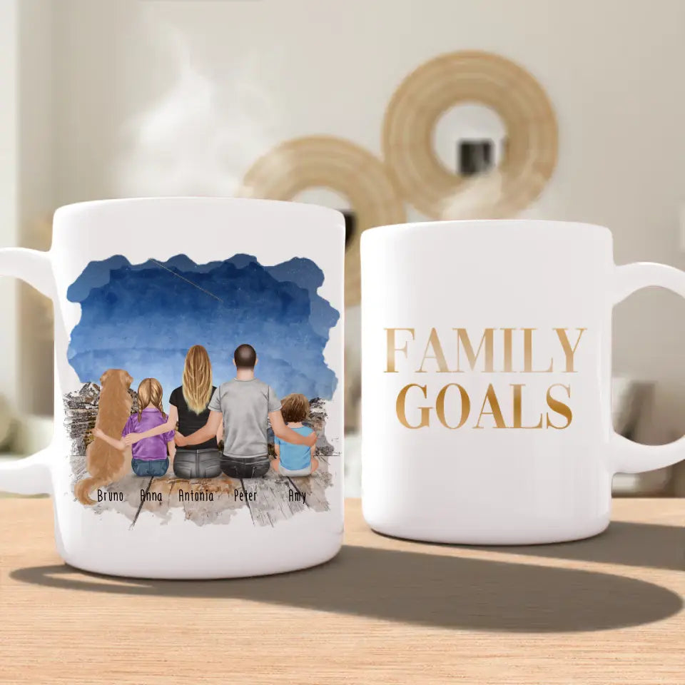 Personalisierte Tasse mit Familie + 1 Hund (1 Baby + 1 Kind)