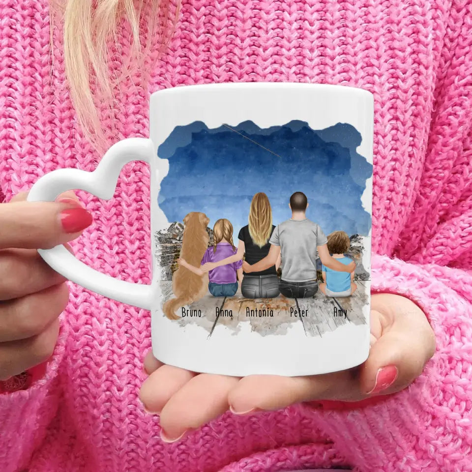 Personalisierte Tasse mit Familie + 1 Hund (1 Baby + 1 Kind)