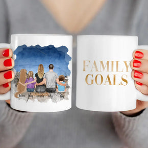 Personalisierte Tasse mit Familie + 1 Hund (1 Baby + 1 Kind)