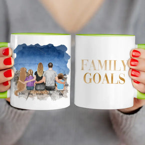 Personalisierte Tasse mit Familie + 1 Hund (1 Baby + 1 Kind)