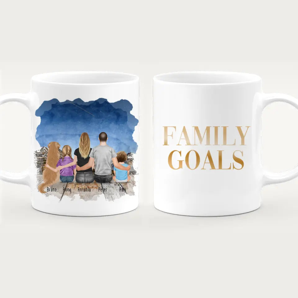 Personalisierte Tasse mit Familie + 1 Hund (1 Baby + 1 Kind)