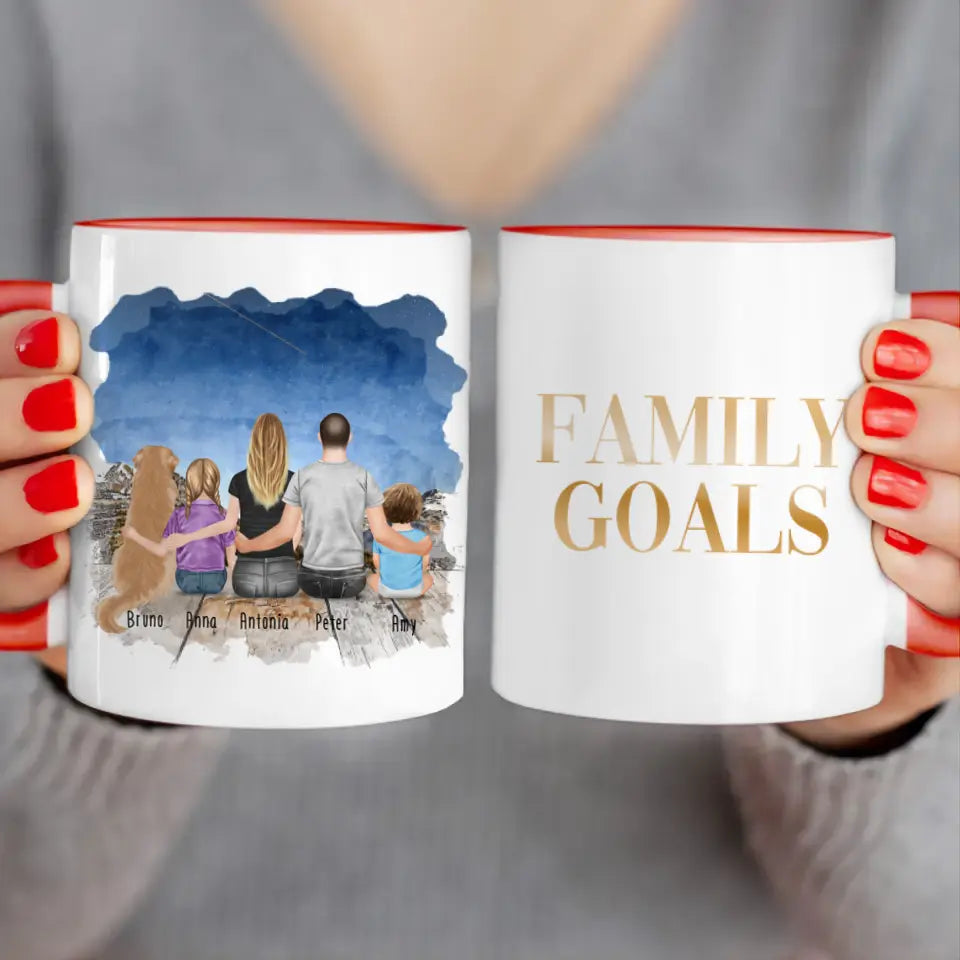 Personalisierte Tasse mit Familie + 1 Hund (1 Baby + 1 Kind)