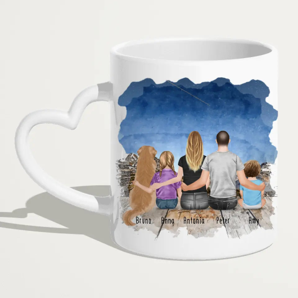 Personalisierte Tasse mit Familie + 1 Hund (1 Baby + 1 Kind)