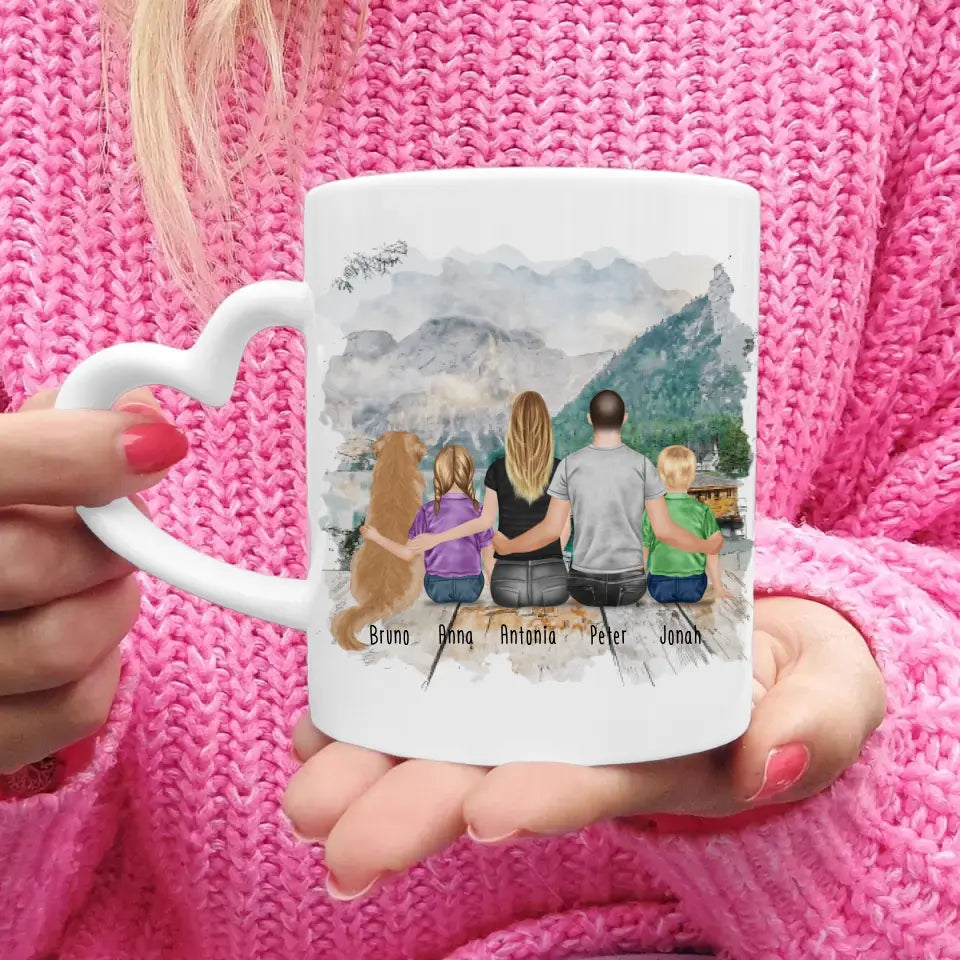 Personalisierte Tasse mit Familie + 1 Hund (2 Kinder)